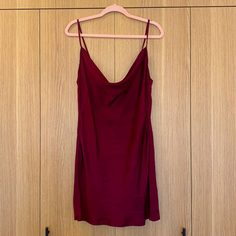 Satin cowl neck dark red dress